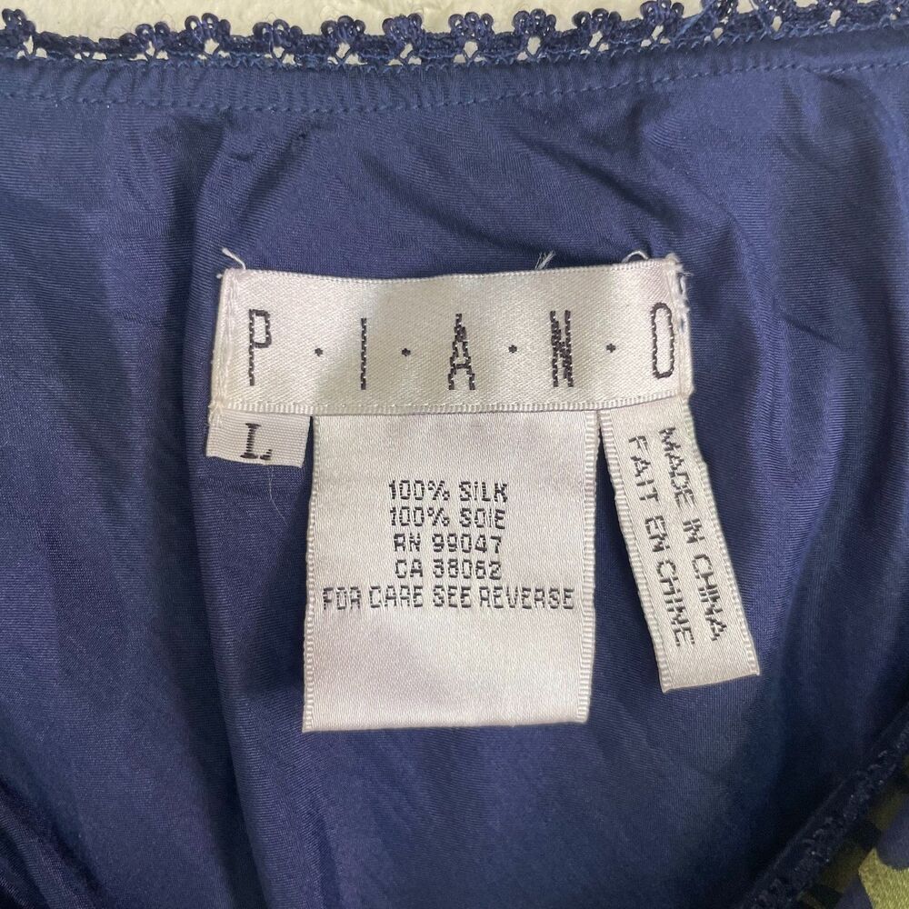 VTG PIANO 100% Silk Skirt L Navy Blue Green Tropical Leaf Print Flowy Midi Boho - Picture 3 of 5